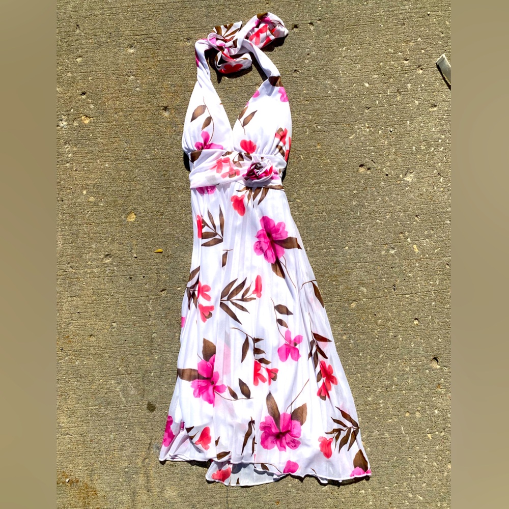 Floral Halter Dress with Pink and Brown Accents